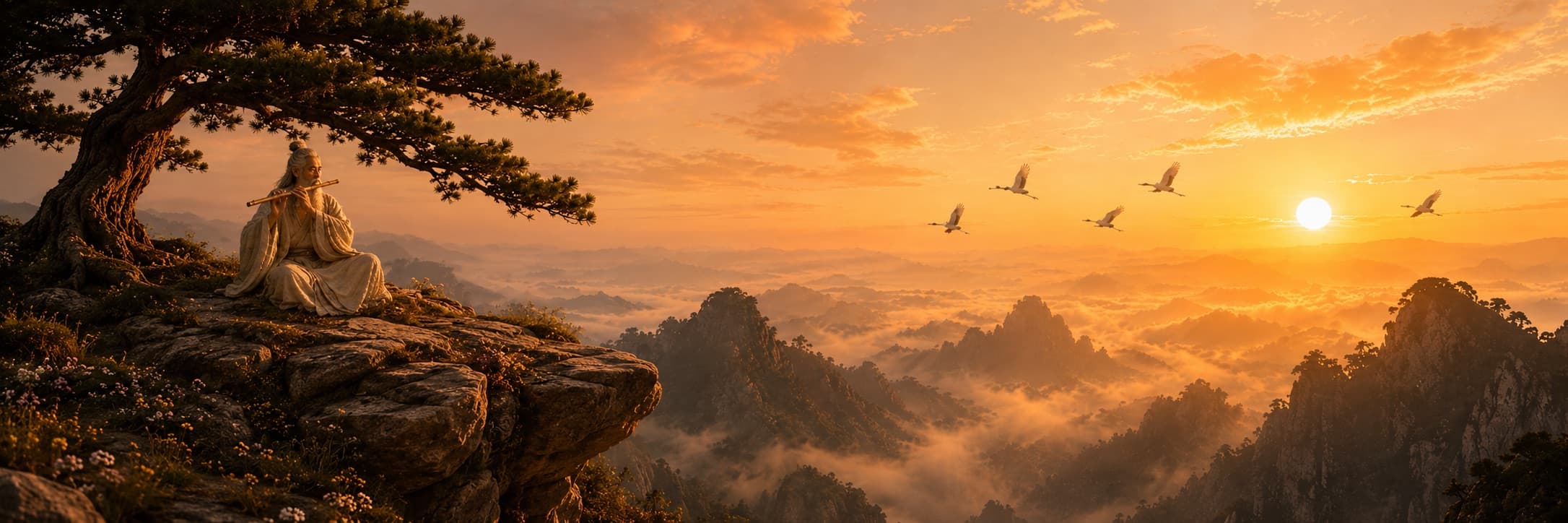 Tiên ông thổi động tiêu trên non cao lúc hoàng hôn